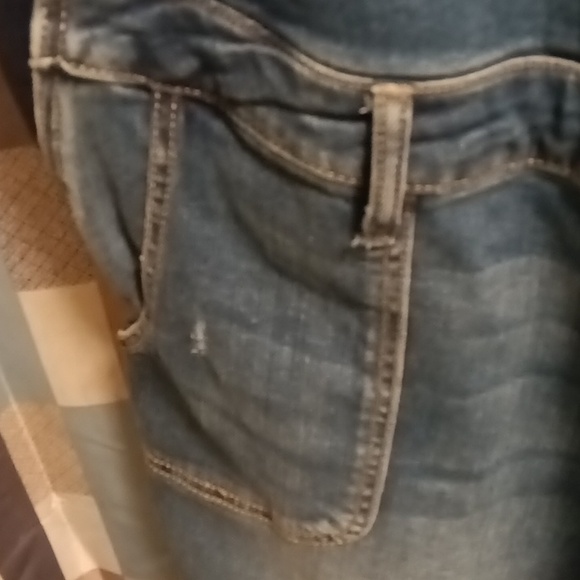 FINAL PRICE INDIGO BLUE cotton blue denim distressed overalls w elastic sides - Picture 9 of 16